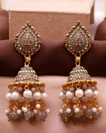 Oxidised Silver Look Alike Maroon Stone & Pearls Geomet...