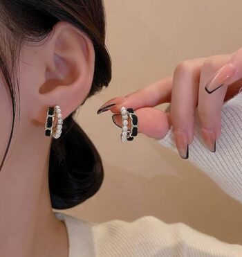 Korean Trendy Square Layered Gold-Plated Black Drop Ear...