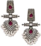 Peacock Shape Round Chand Bali with Red Stone Silver Ox...