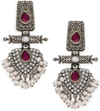 Peacock Shape Round Chand Bali with Red Stone Silver Ox...