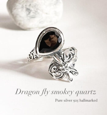 Smokey Quartz Dragonfly 925 Sterling Silver Ring