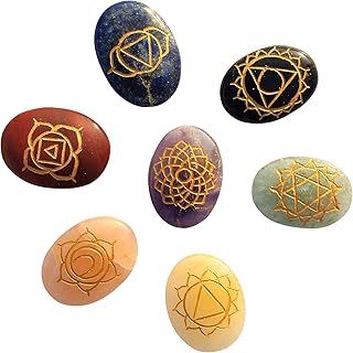 multiagate Healing Crystals with Engraved 7 Chakra Symbols - for Good Luck, Health, Wealth, Prosperity and Spiritual Bliss (Set of 7 Stones)