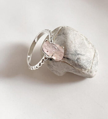 Rose Quartz Raw Uncut Dot Band 925 Sterling Silver Ring