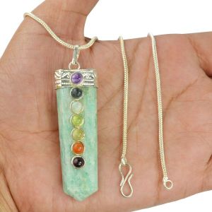 Amazonite Flat Stick 7 Chakra Beads Pendant with Metal Chain