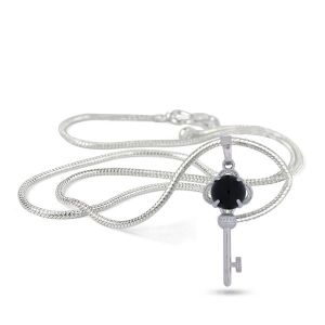 Natural Black Tourmaline Crystal Stone Key Shape Pendant - Locket with Metal Chain