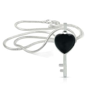 Natural Black Tourmaline Crystal Stone Heart Key Shape Pendant / Locket with Metal Chain